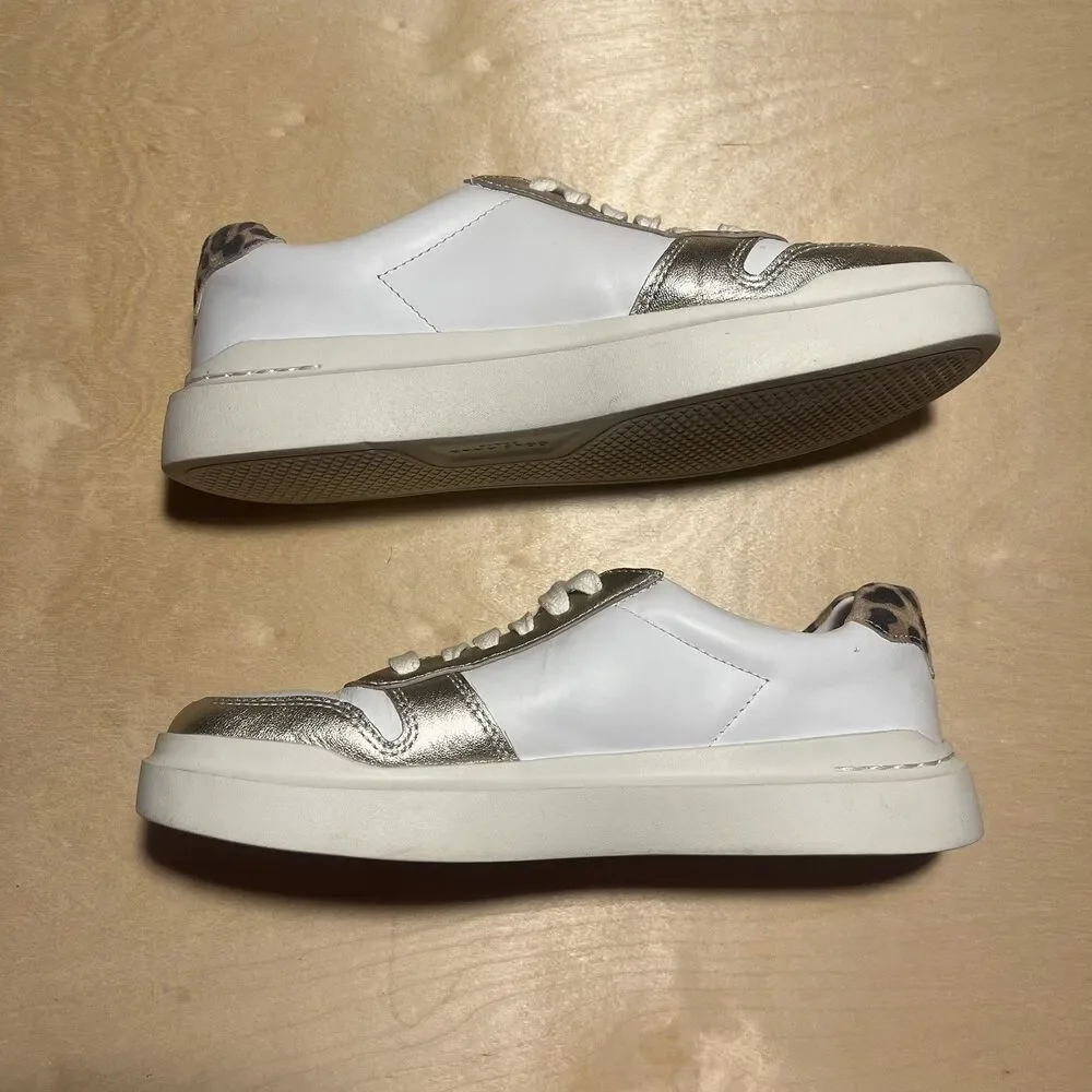 Cole Haan Women GrandPro Rally Court White Gold Leather Leopard Sneaker Size 6.5